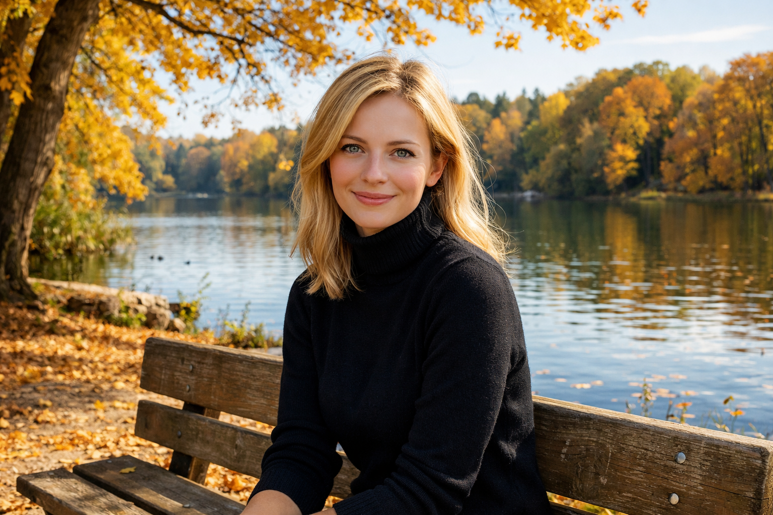 Frau an einem sonnigen Herbsttag am See